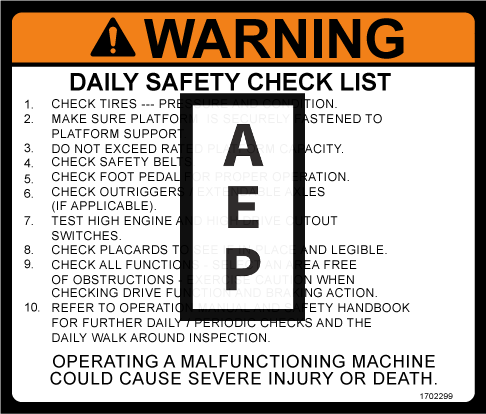 JLG 1702299 Decal Warn