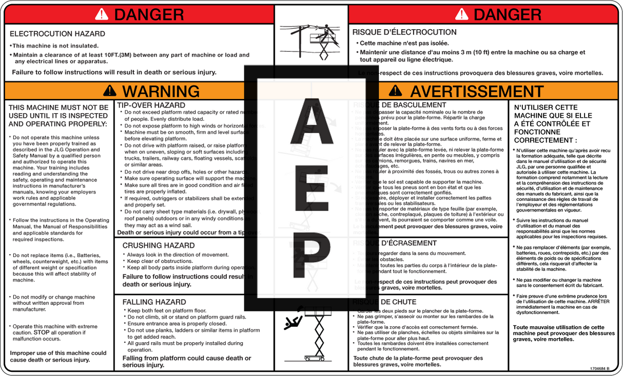 JLG 1704684 Decal Danger Warningeng Fre