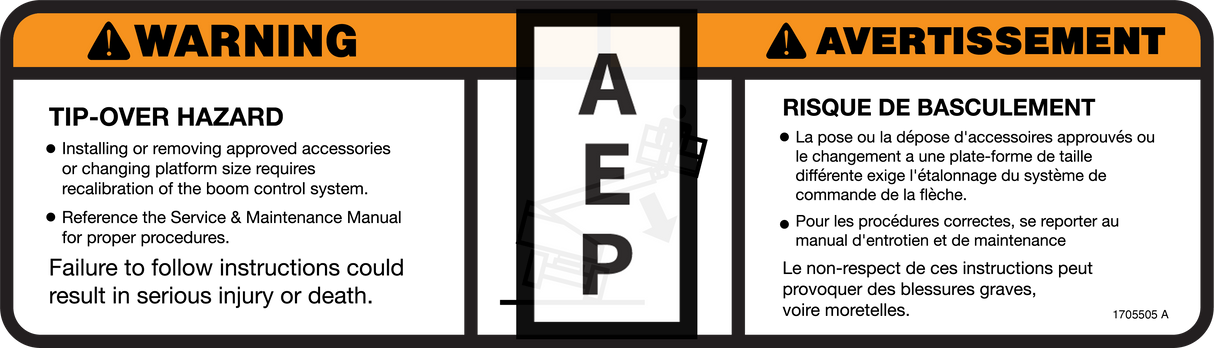 JLG 1705505 Decal Tip Over Plf Eng Fre