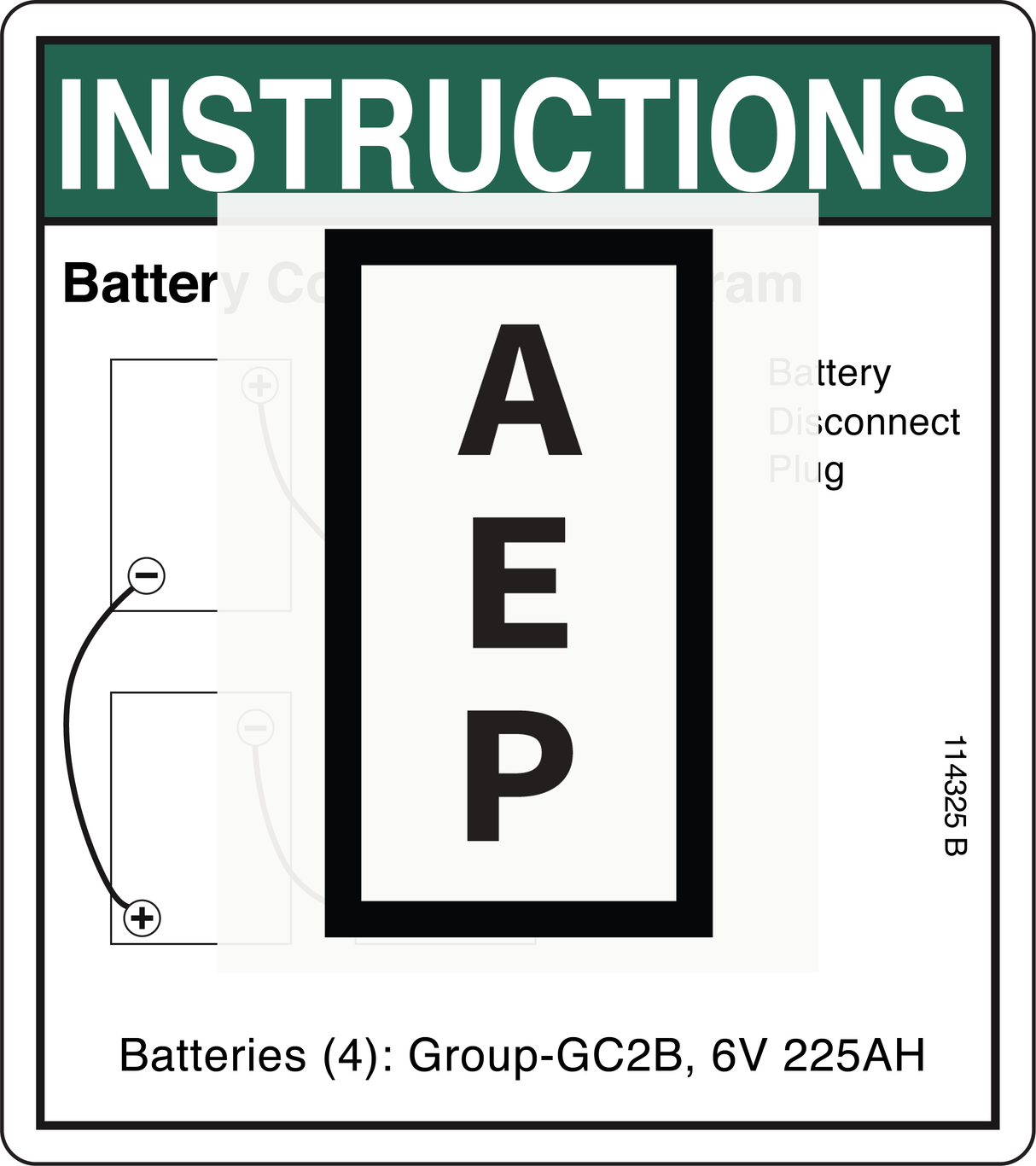 Genie 114325 DECAL,BATTERY CONN DIAG,GR