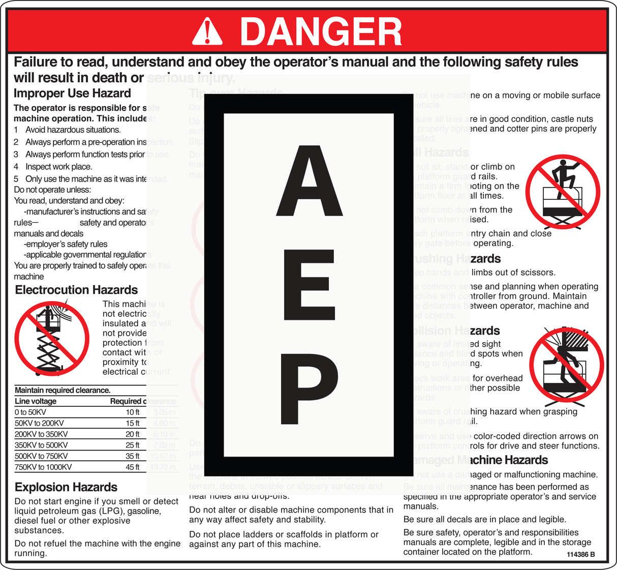 Genie 114386 DECAL,DANGER-GEN SAFETY