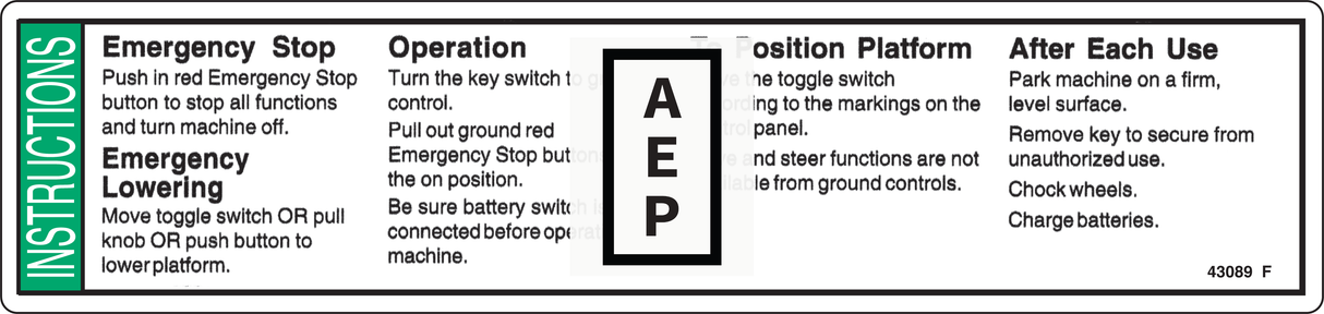 Genie 43089 DECAL,INSTRUCTIONS-OPER,GCP