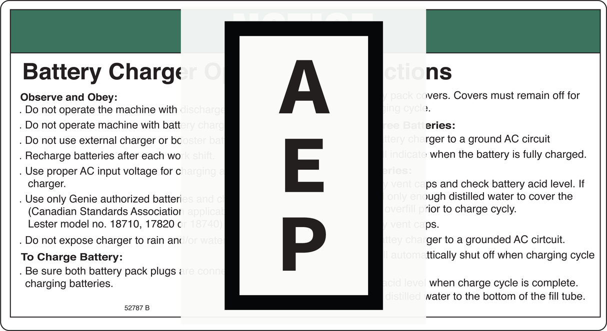 Genie 52787 DECAL,NOTICE,CHARGER INSTRUC