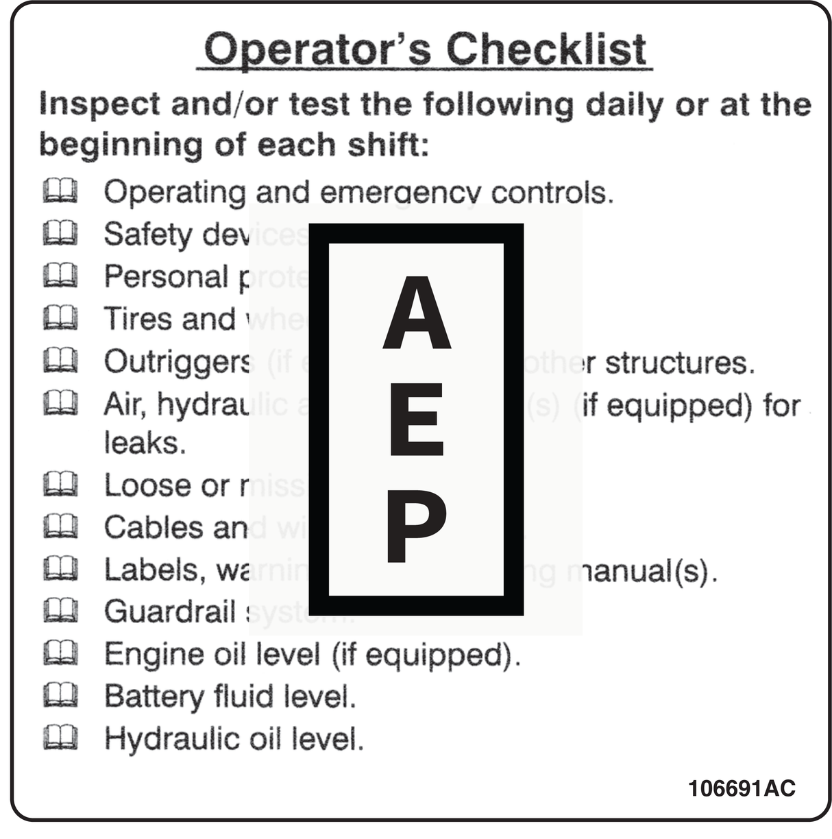 Skyjack 106691 Decal, Check List