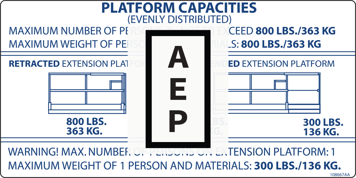 Skyjack 108667 Decal, Plat. Cap. 800 LBS
