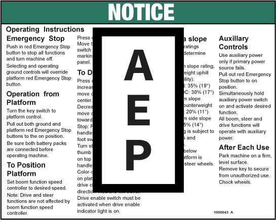 Genie 1000043 Notice-Oper Inst Plat-Dc