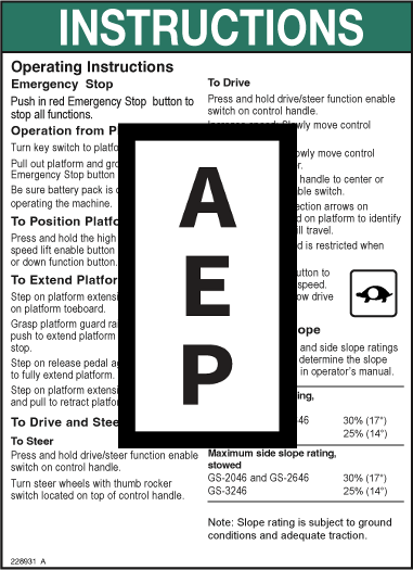 Genie 228931 Op Inst-Pcon-Gs-46-Ansi | Aerial Lift Decals