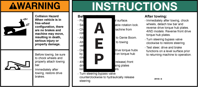 Genie 29104 Safety Label Towing Instructions | Aerial Lift Decals