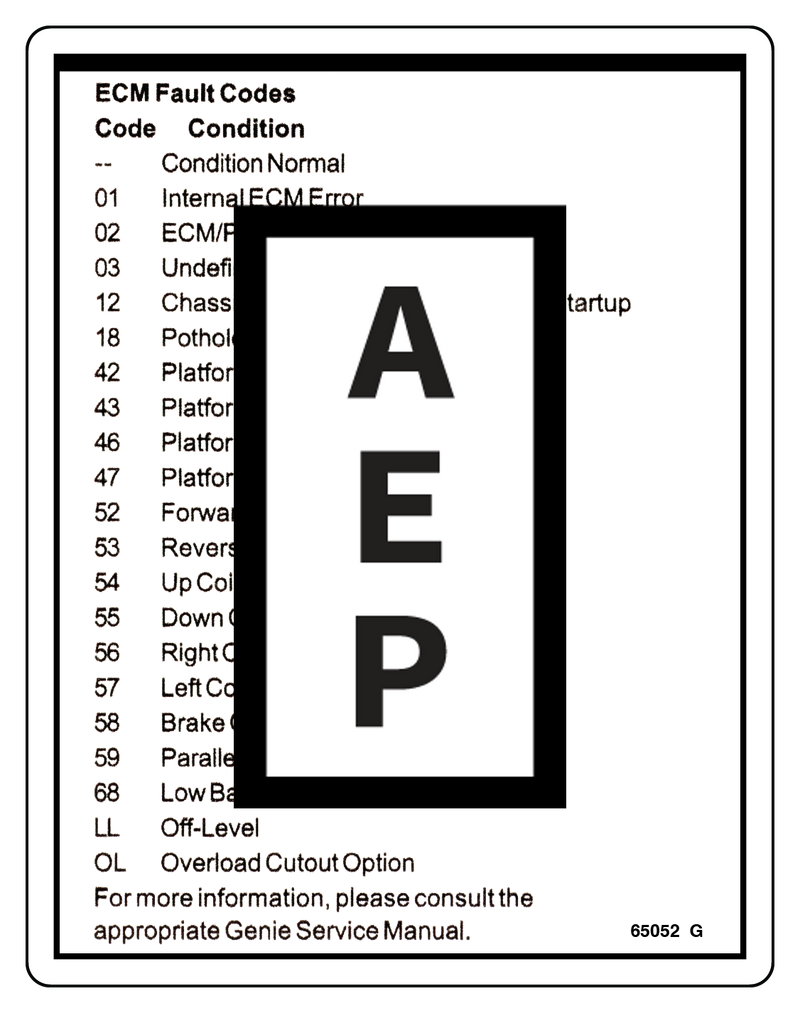Genie 65052 Safety Label Fault Codes Aerial Lift Decals genie-65052-safety-label-fault-codes-aerial-lift-decals