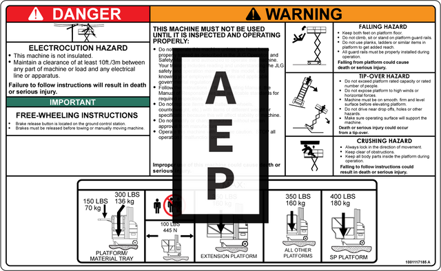 JLG 1001117185 Decal Warning Instruction Dom