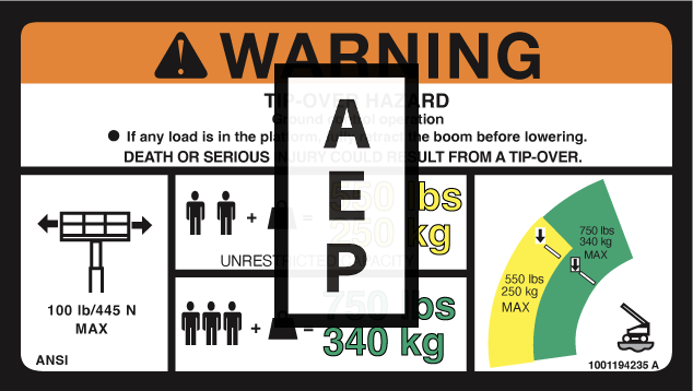 JLG 1001194235 Decal Warning Max Cap Ansi