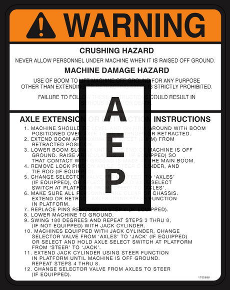 JLG 1702888 Decal Warning Axle Ext Ret