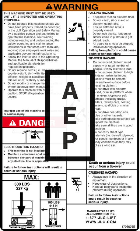 JLG 1706676 Decal 1230Es Instr Warning