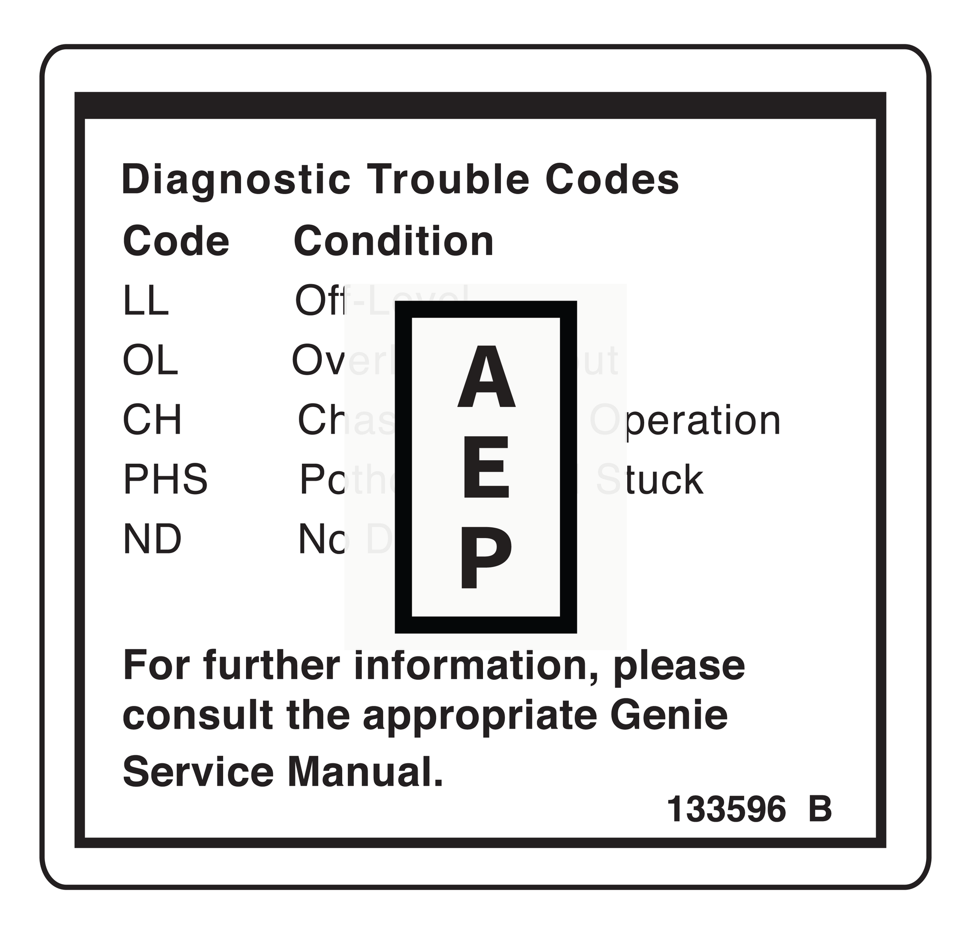Genie 133596 DECAL,LABEL,FAULT CODES