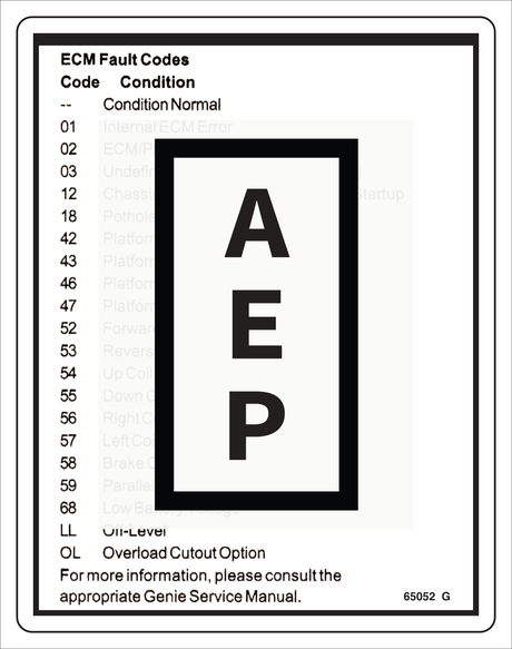 Genie 65052 DECAL,LABEL,FAULT CODES