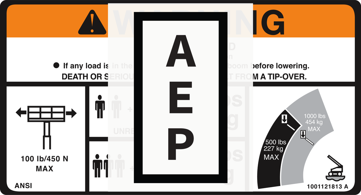 JLG 1001121813, DECAL,WARNING DUAL CAP. DOM.