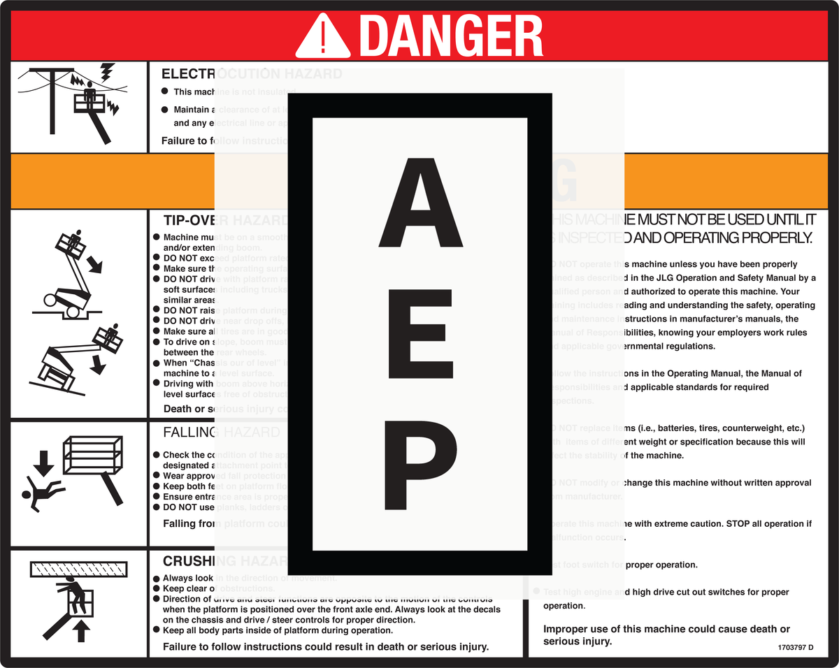 JLG Decal 1703797 Danger Safety Decal | Aerial Equipment Parts