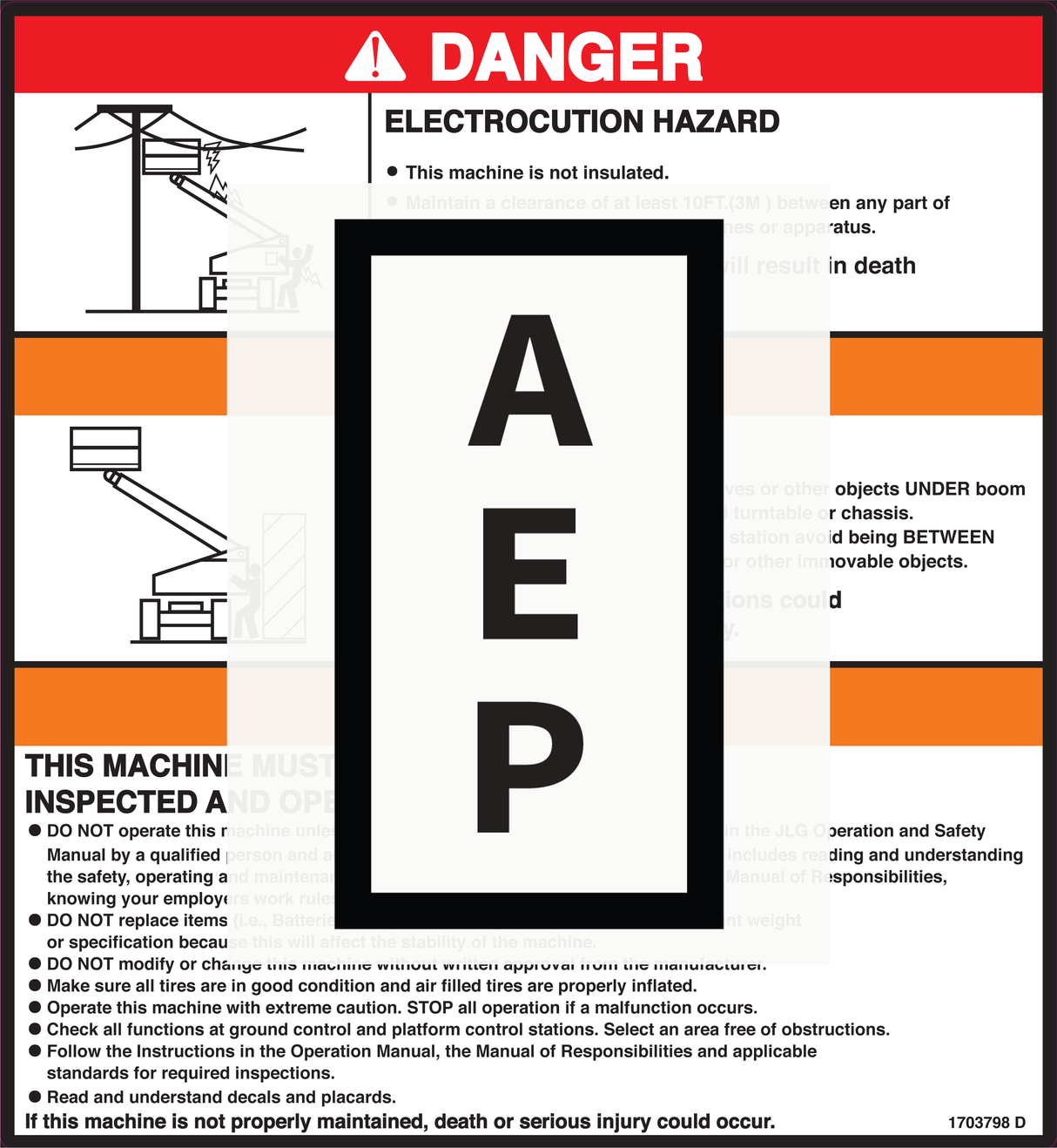 JLG 1703798, DECAL,WARNING/DANGER MTB