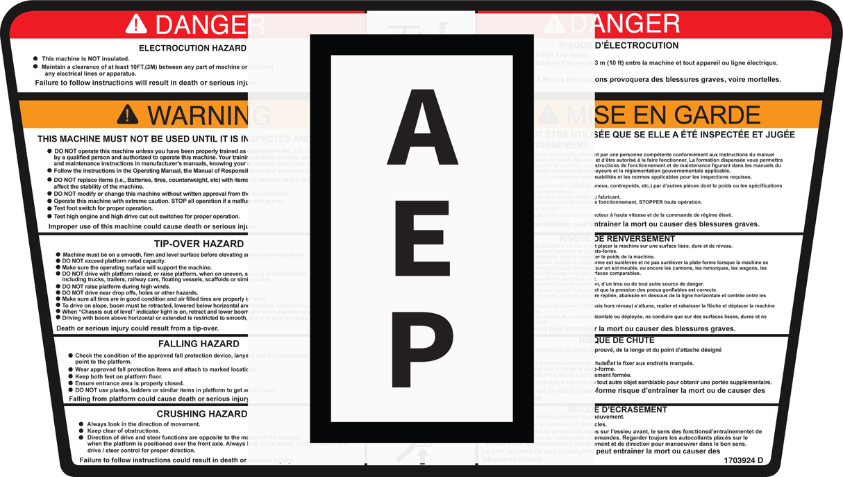 JLG 1703924, DECAL,WARNING PLT (CAN)
