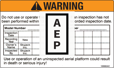 Skyjack 109985 Label, Inspection List - No VL