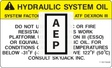 Skyjack 114378 Decal, Hyd. Oil